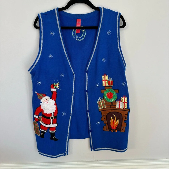 Women’s Sleeveless Royal Blue Santa & Fireplace Christmas Vest Size XL 16-18 GUC - Picture 2 of 7